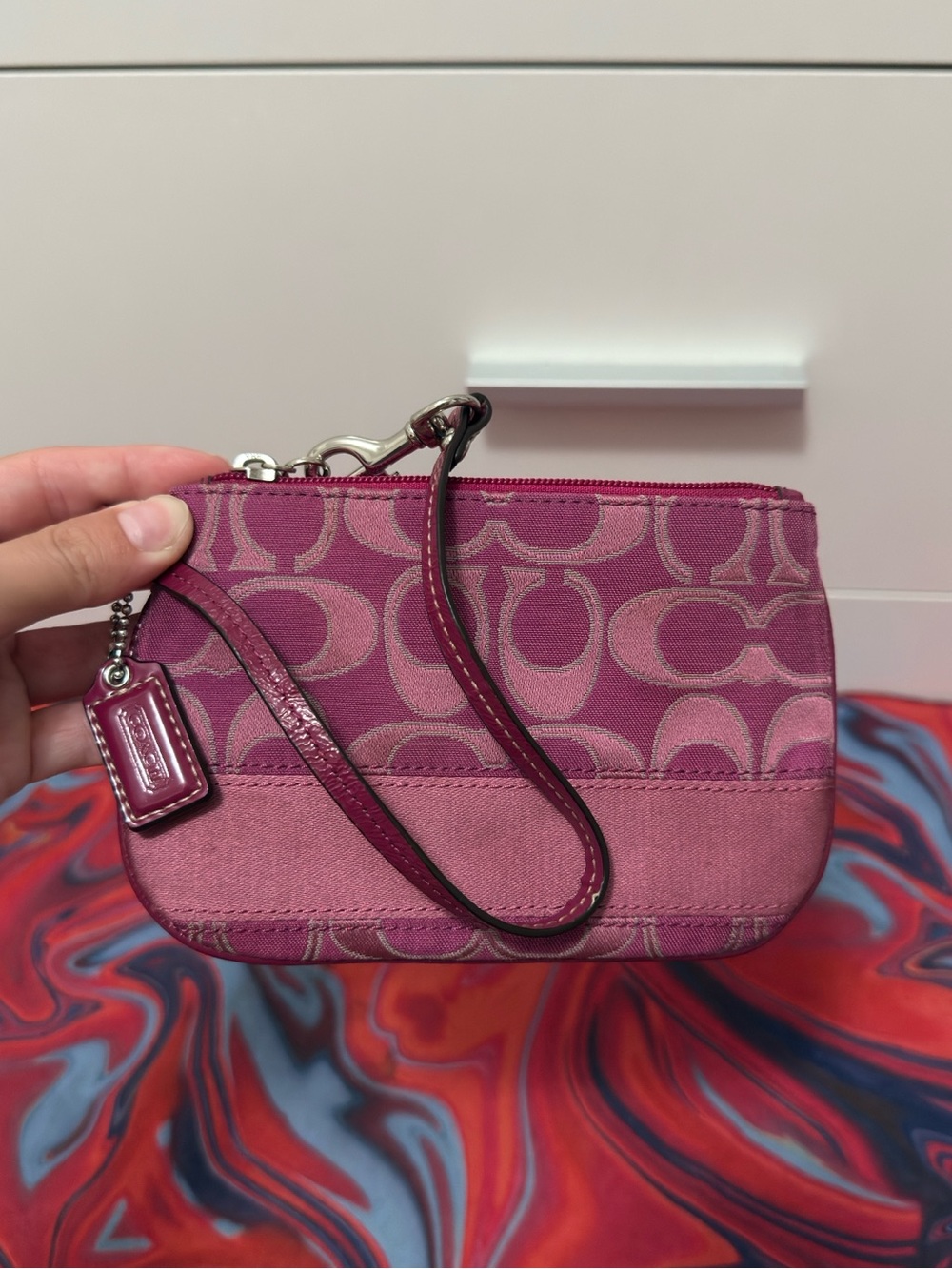 Vintage Y2K Coach Two Tone Pink & Magenta Signature Monogram Mini Pouch Wristlet